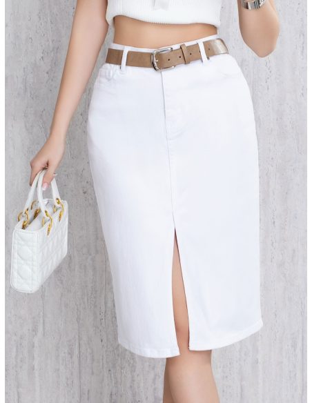 Falda denim midi cinturón con abertura frontal