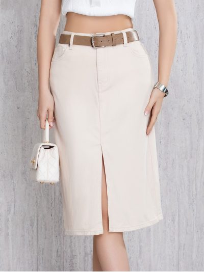 Falda denim midi cinturón con abertura frontal