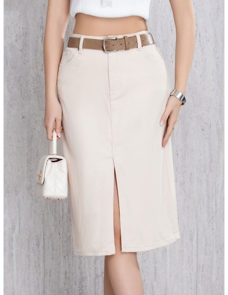 Falda denim midi cinturón con abertura frontal