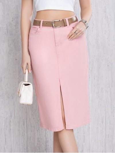 Falda denim midi cinturón con abertura frontal