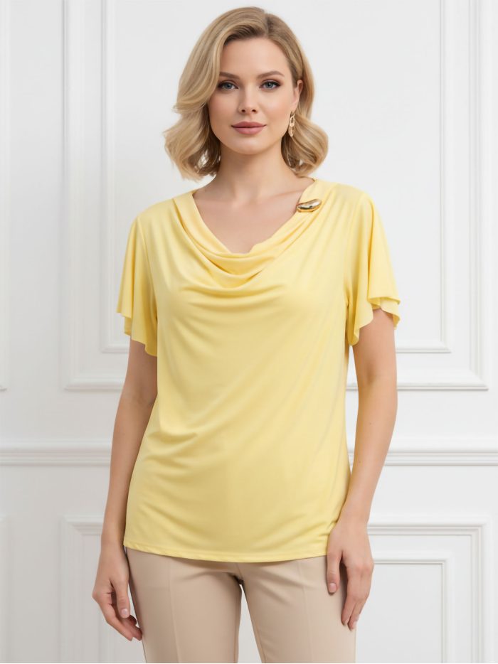 Chemisier en lycra avec encolure drapée et manches à volants