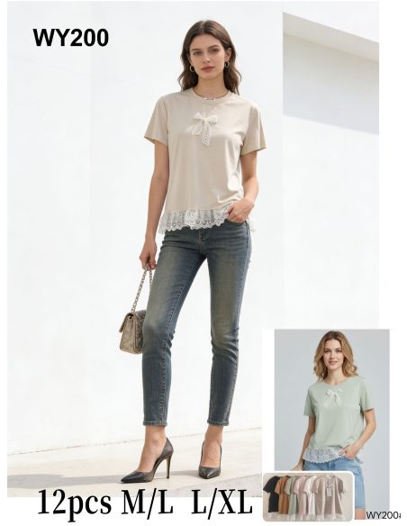 T-shirt à ourlet en dentelle et nœud