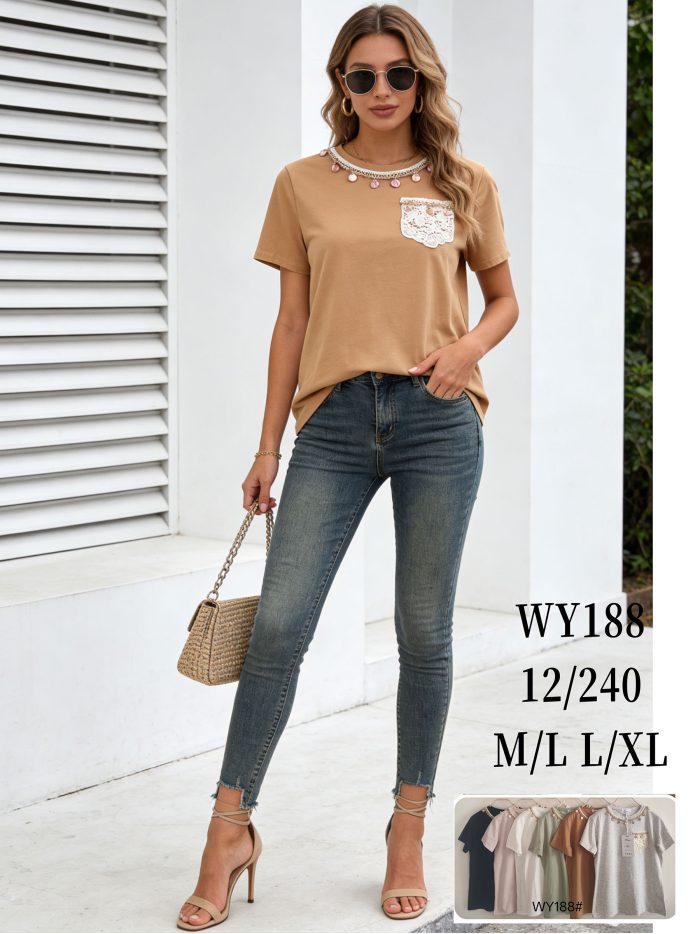 T-Shirt mit Rundhalsausschnitt und Spitzentasche