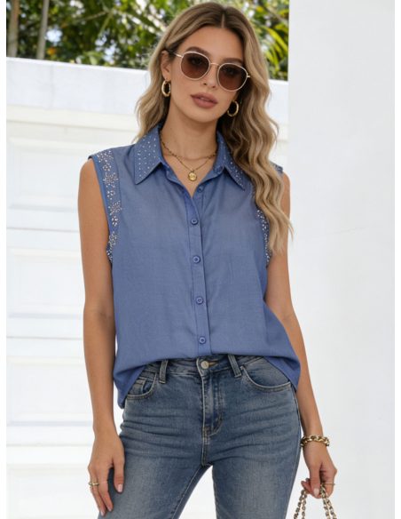 Ärmelloses Hemd in Jeansoptik mit Strasssteinen an den Schultern