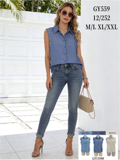 Camisa símil denim sin mangas strass en hombros 2