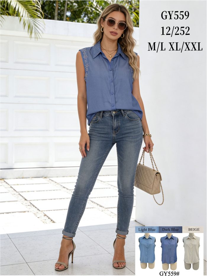 Ärmelloses Hemd in Jeansoptik mit Strasssteinen an den Schultern