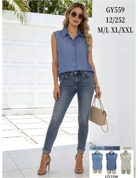 Ärmelloses Hemd in Jeansoptik mit Strasssteinen an den Schultern