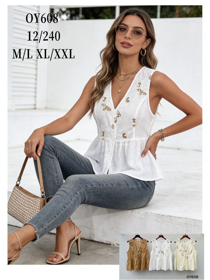 Blusa peplum bordado y escote pico