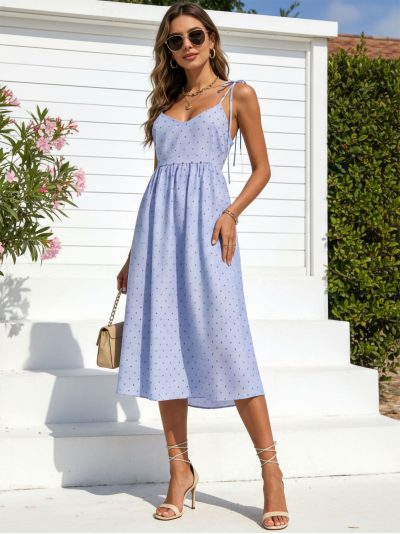 Vestido midi tirantes topitos bordados con lazo espalda