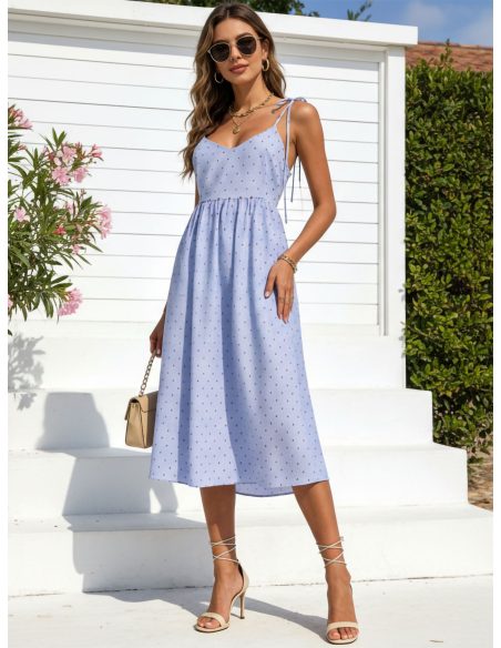Vestido midi tirantes topitos bordados con lazo espalda