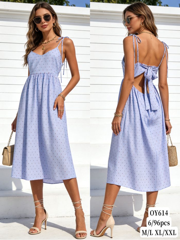 Vestido midi tirantes topitos bordados con lazo espalda