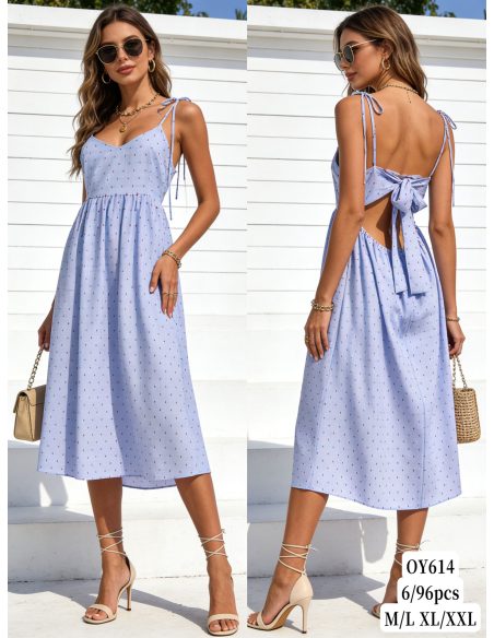 Vestido midi tirantes topitos bordados con lazo espalda