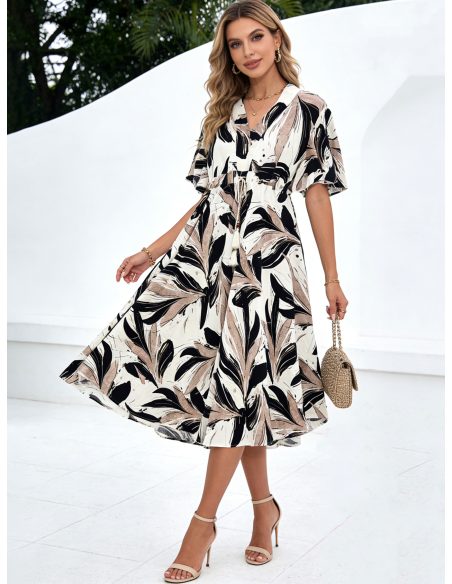 Vestido midi estampado hojas con lazo borlas