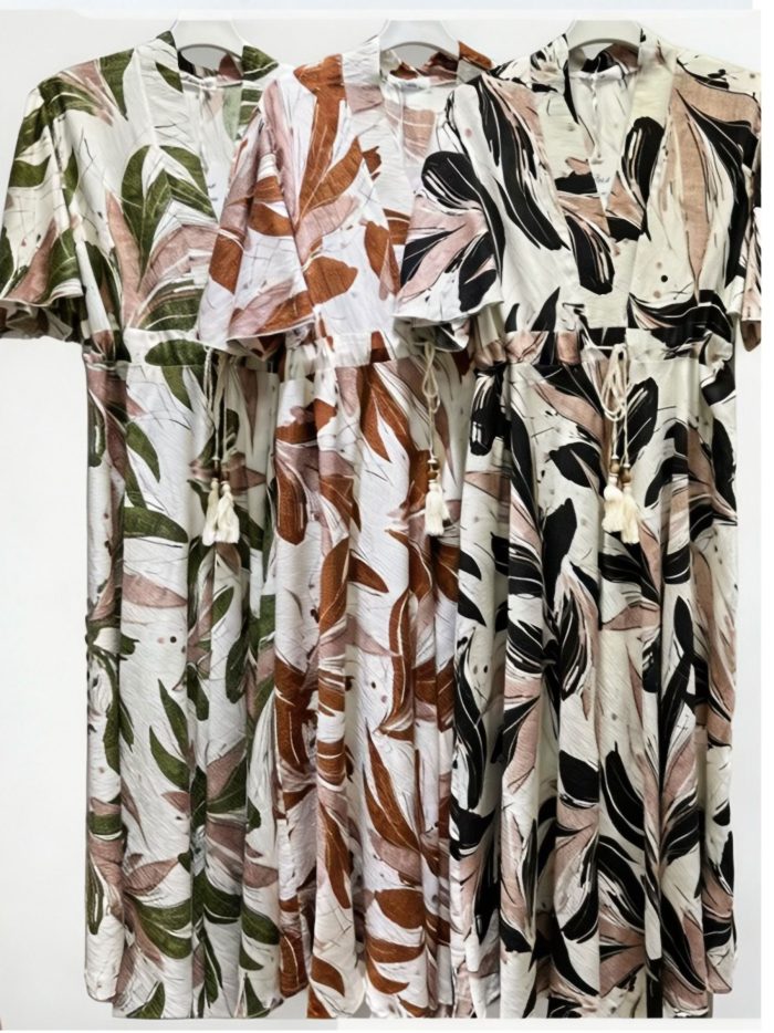 Vestido midi estampado hojas con lazo borlas