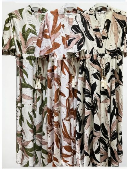 Vestido midi estampado hojas con lazo borlas