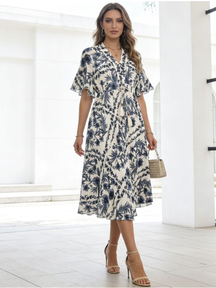 Abito midi con stampa floreale e fiocco con nappe