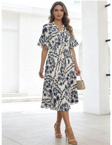 Abito midi con stampa floreale e fiocco con nappe