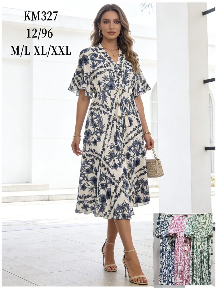 Abito midi con stampa floreale e fiocco con nappe