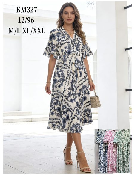 Abito midi con stampa floreale e fiocco con nappe