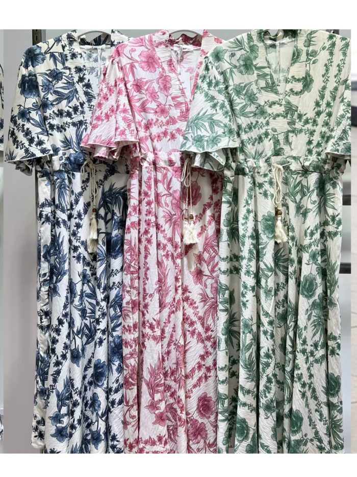 Abito midi con stampa floreale e fiocco con nappe