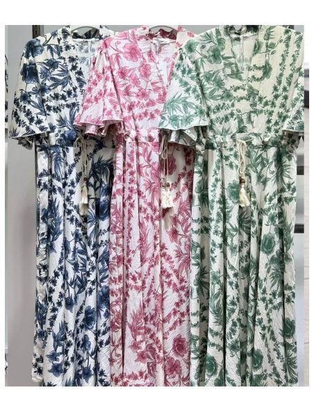 Abito midi con stampa floreale e fiocco con nappe