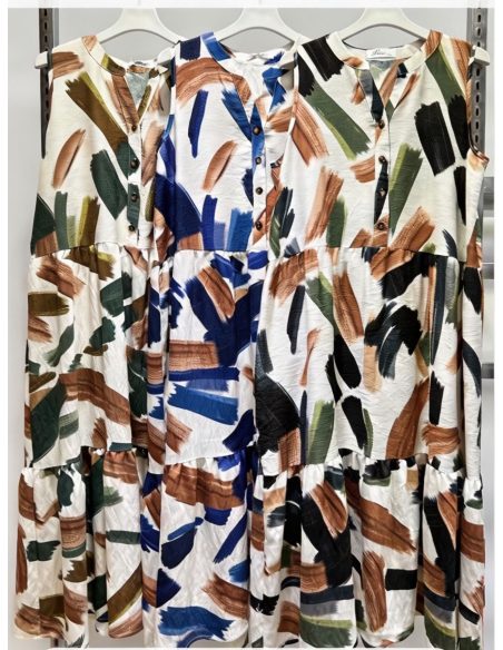 Abito midi stampato senza maniche con bottoni