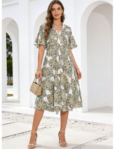 Vestido midi estampado con manga volante y cordón