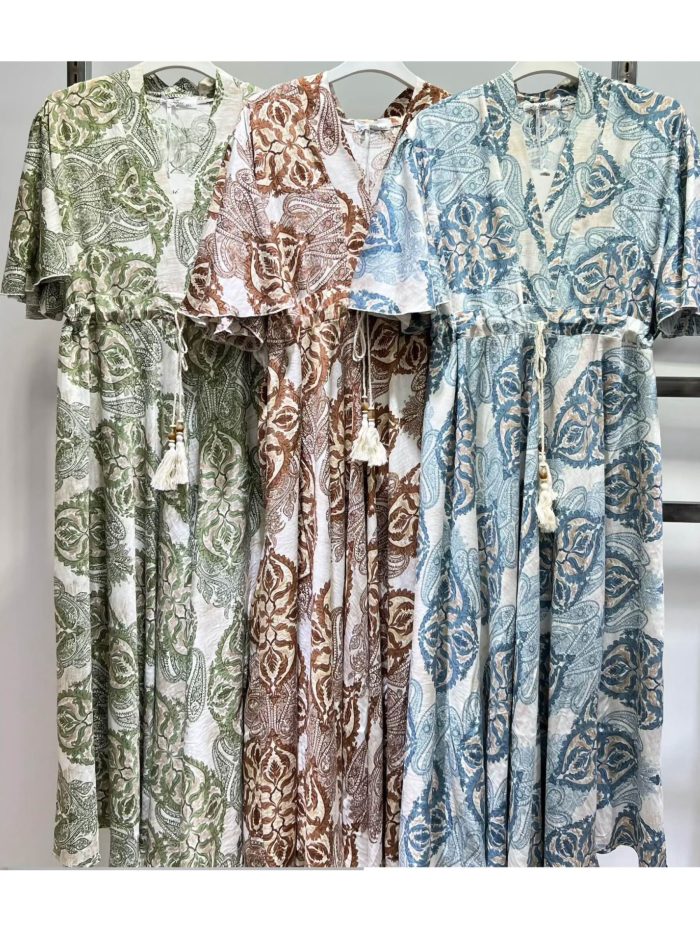 Vestido midi estampado con manga volante y cordón