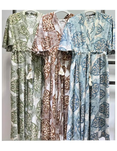 Vestido midi estampado con manga volante y cordón