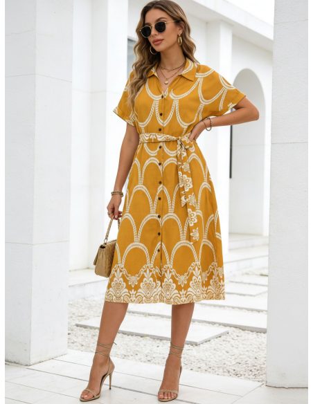 Vestido camisero midi estampado con cinturón