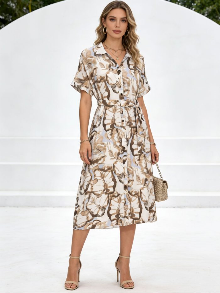Abito midi stampato con cintura