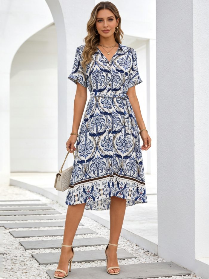 Bedrucktes Midi-Hemdkleid mit Gürtel