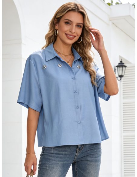Camisa símil denim manga corta con pedrería