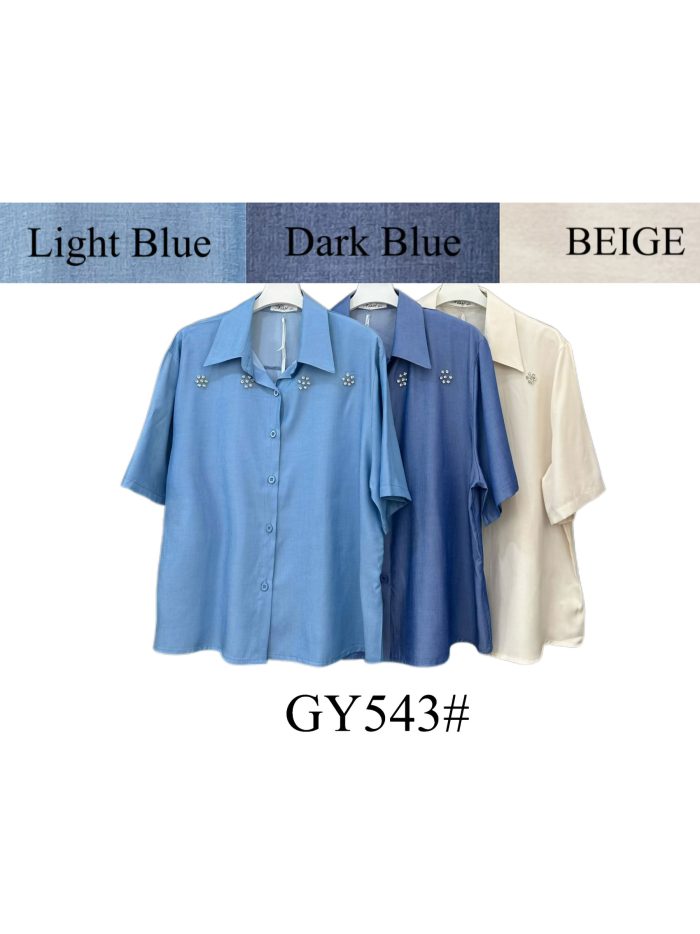 Camisa símil denim manga corta con pedrería