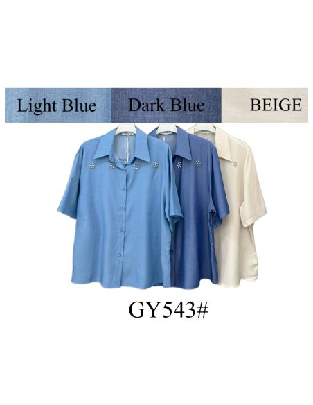 Camisa símil denim manga corta con pedrería