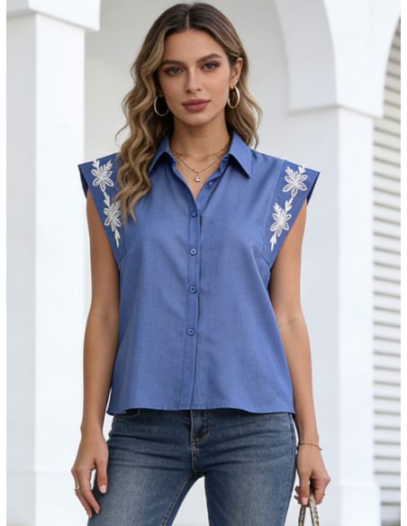 Ärmelloses Hemd mit Blumenstickerei an den Schultern