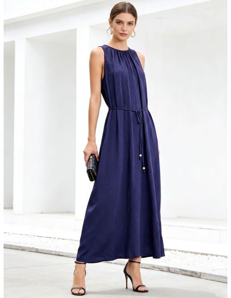 Vestido largo fluido sin mangas con cinturón