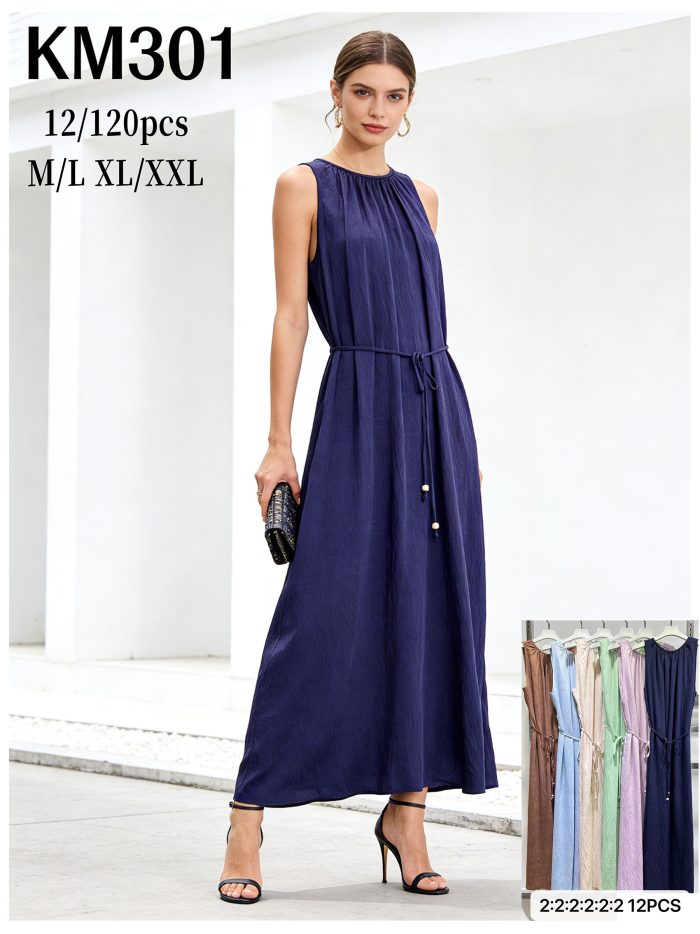 Vestido largo fluido sin mangas con cinturón