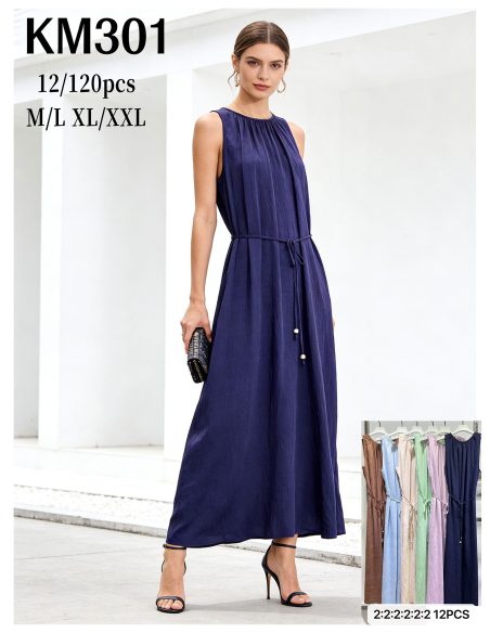 Vestido largo fluido sin mangas con cinturón