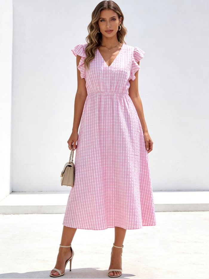 Vestido midi vichy con strass y manga volantes