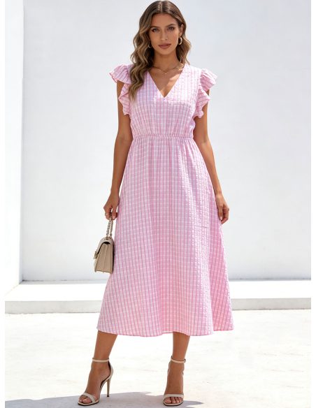 Vestido midi vichy con strass y manga volantes