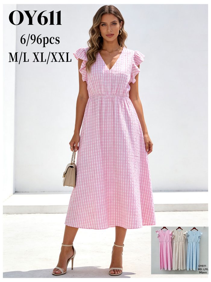 Vestido midi vichy con strass y manga volantes