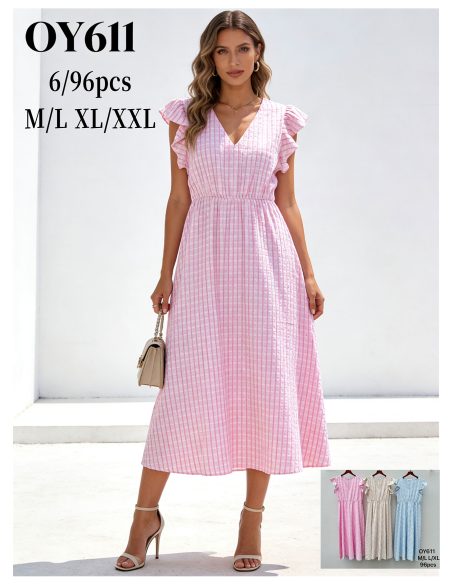 Vestido midi vichy con strass y manga volantes