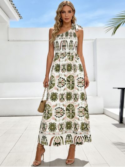 Vestido largo estampado frunces asimétrico