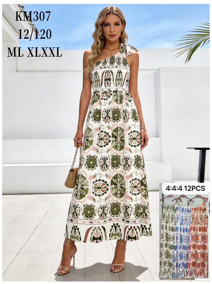 Vestido largo estampado frunces asimétrico