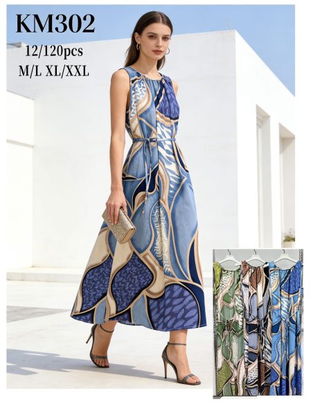 Vestido midi sin mangas estampado con cinturón