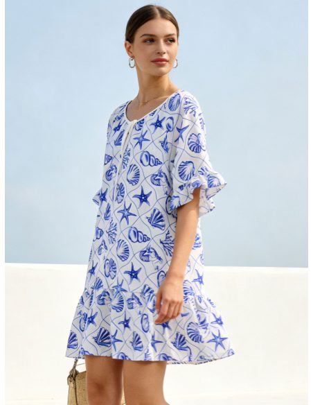 Vestido curto azul-marinho estampado com babados