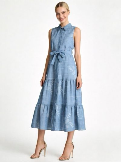 Vestido camisero de lino sin mangas con cinturón y strass