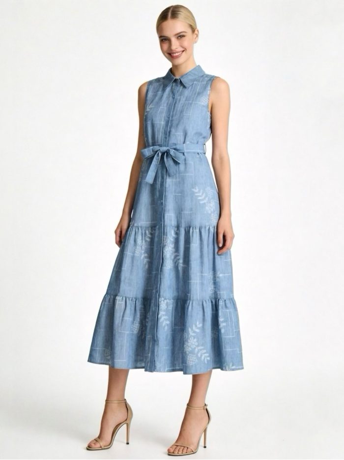 Vestido camisero de lino sin mangas con cinturón y strass