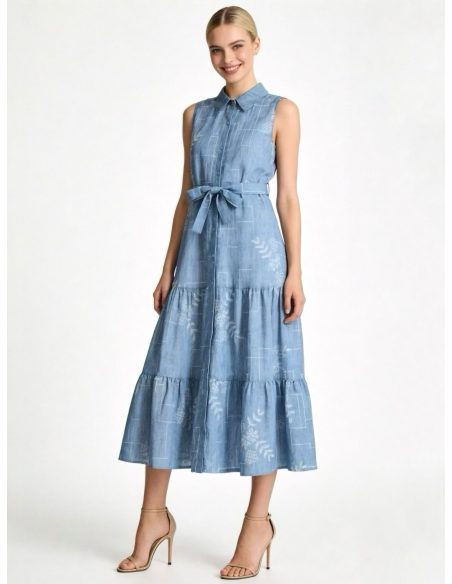 Vestido camisero de lino sin mangas con cinturón y strass